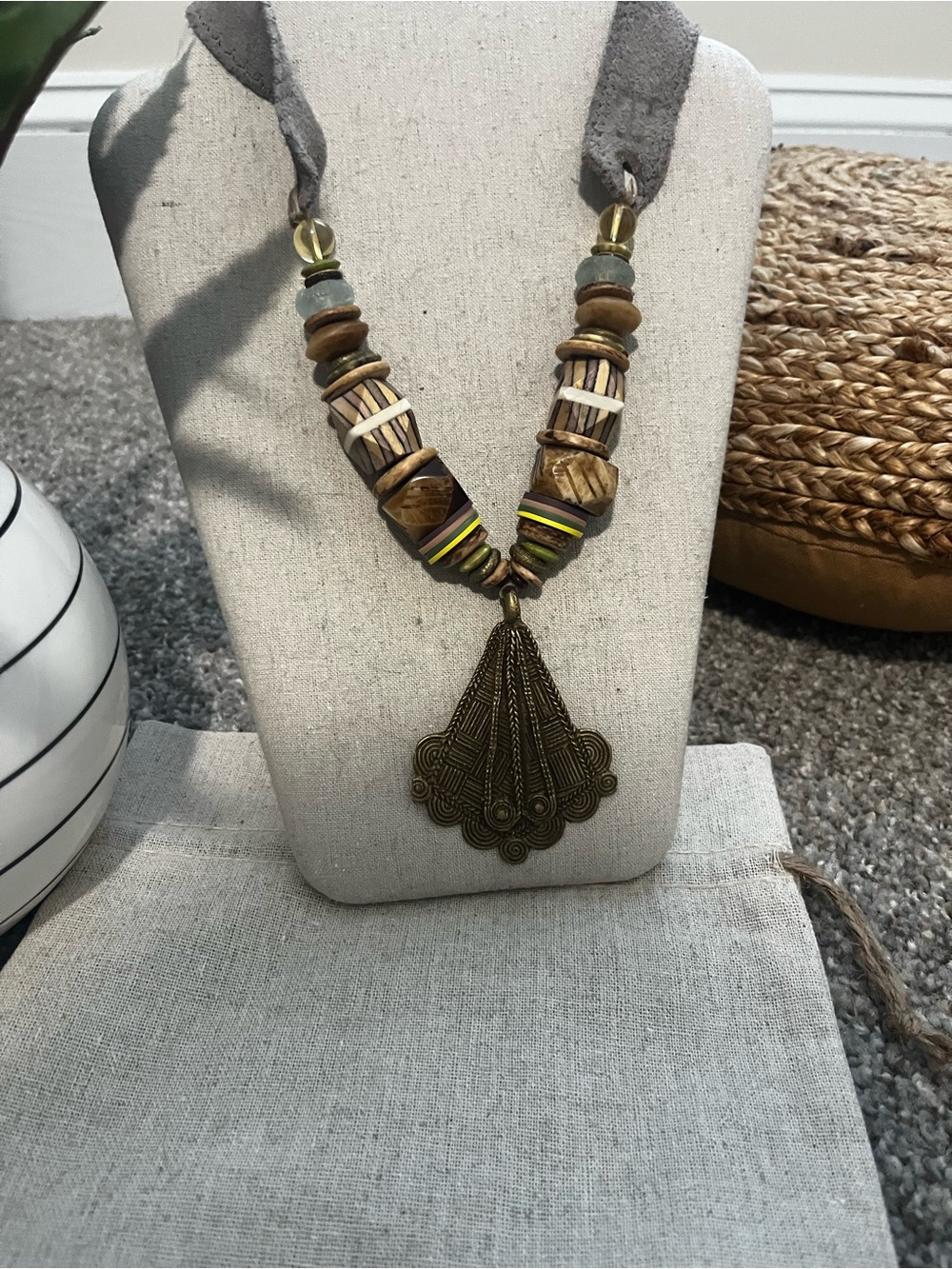 Twine & Twig - Boho Brown Beaded Pendant Necklace with Antique Gold Filigree